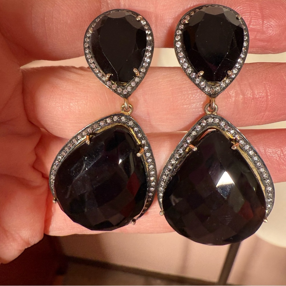 Sterling silver pear shape Black glass topaz halo oversized dangle earrings - Picture 5 of 15
